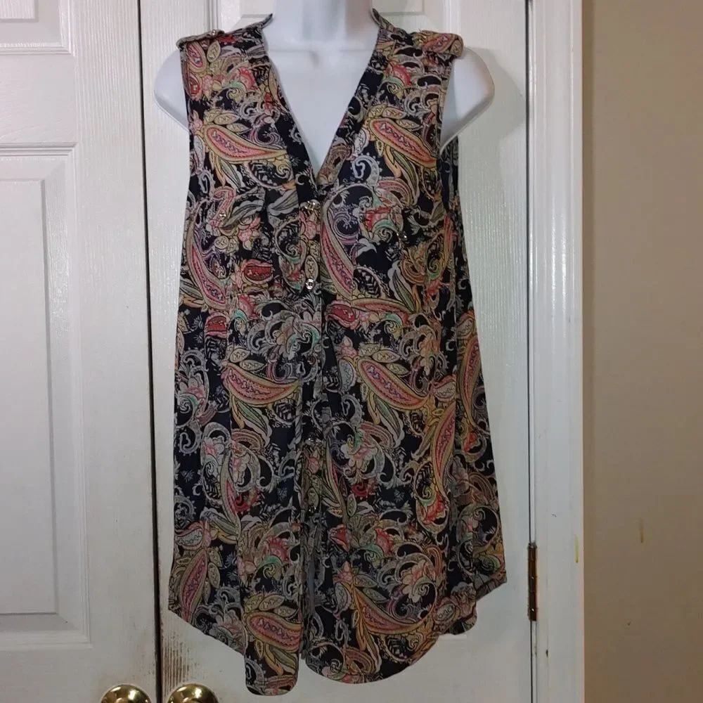 Ember missy sleeveless pailey print sheer tunic top Sz Missy Large